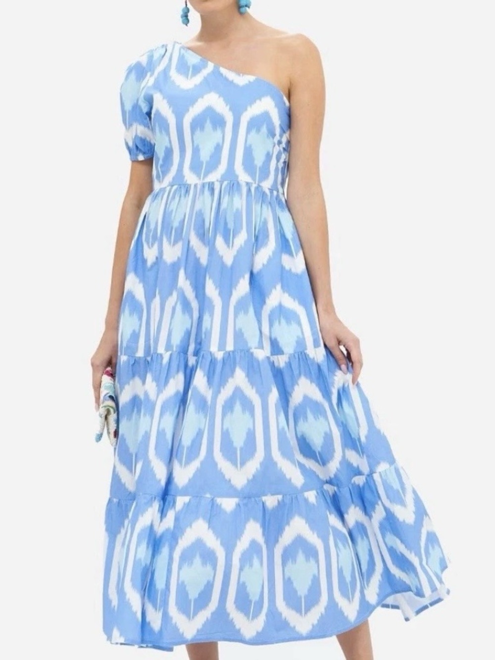 Oliphant One-Shoulder Blue & White Ikat Midi Dress Size XL cotton summer Beachy